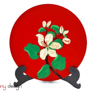 Red round lacquer plate attached with eggshell Ban flower 30 cm( not included with stand)